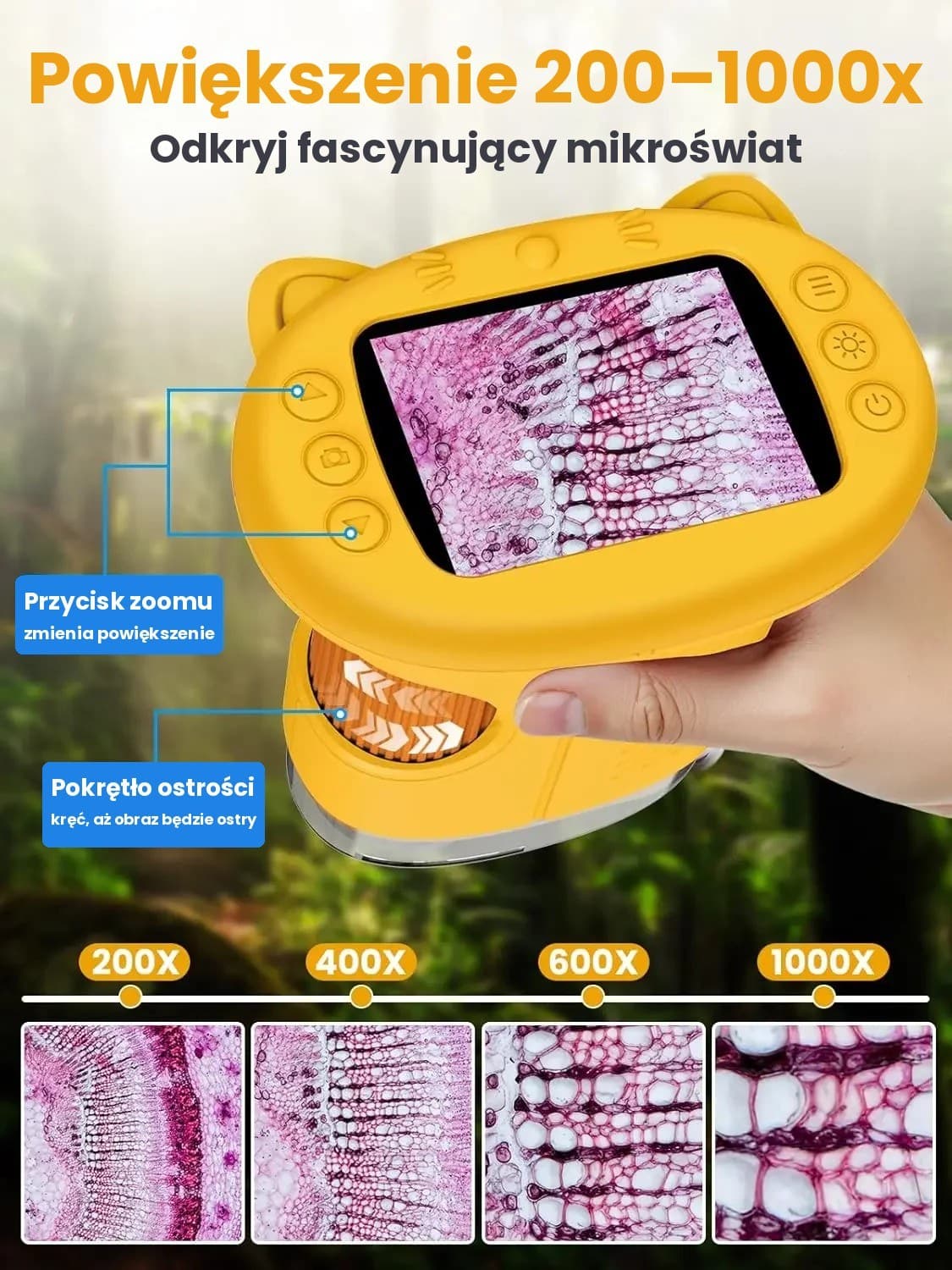 Cyfrowy mikroskop dla dzieci z ekranem 2,4" – aparat, filmy, 8 diod LED, kotek