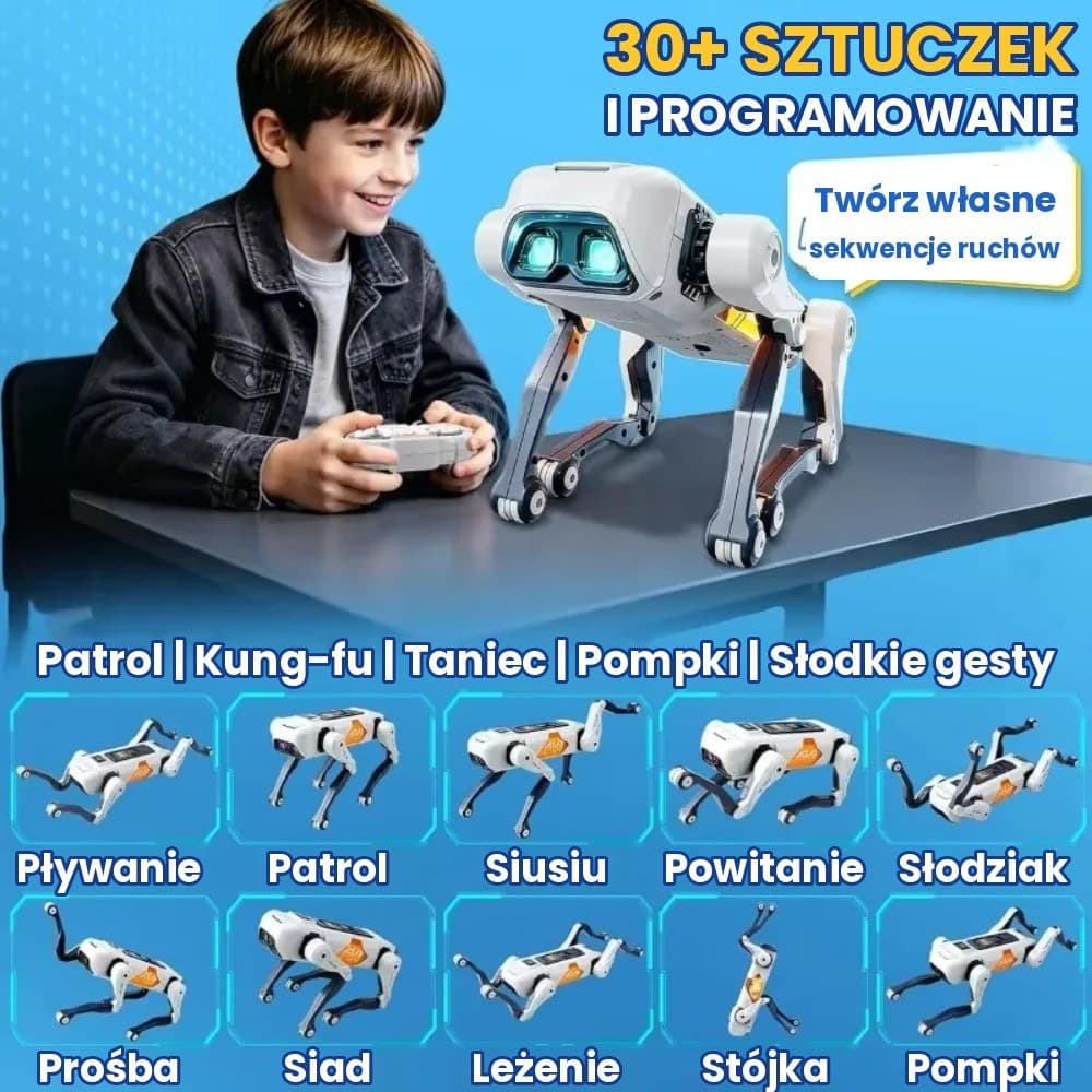 Inteligentny robot-pies dla dzieci – sterowanie głosem, programowanie, 30+ sztuczek, pilot i aplikacja