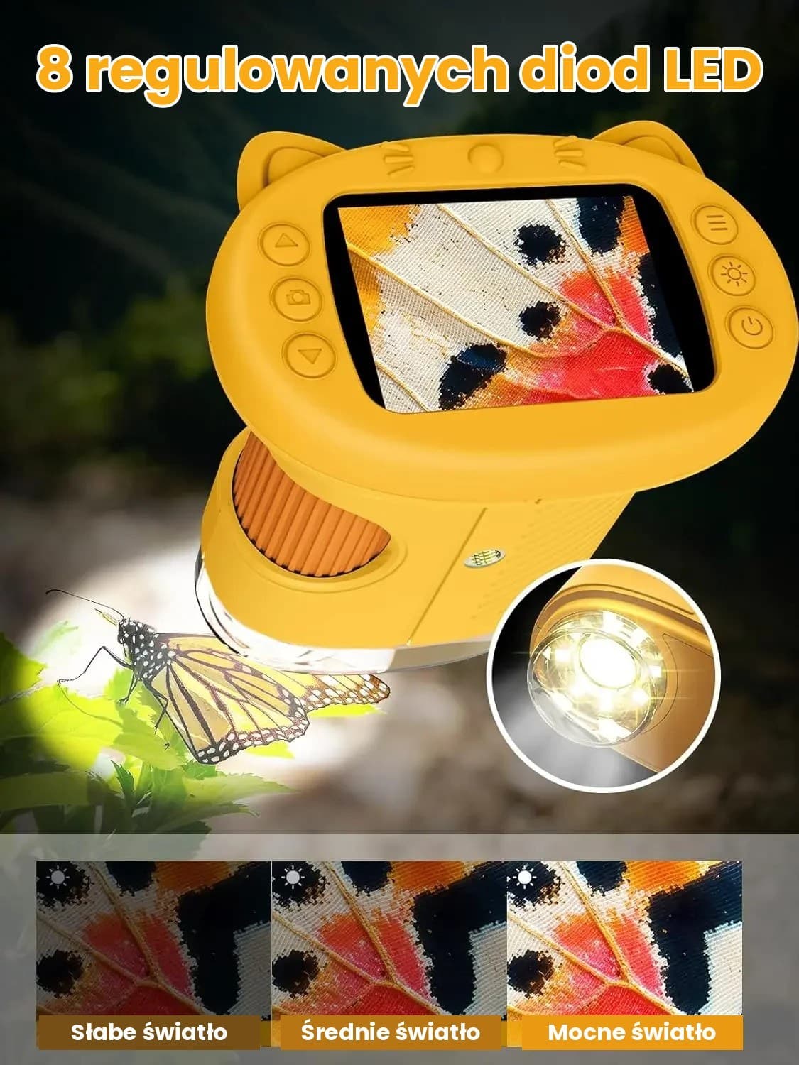 Cyfrowy mikroskop dla dzieci z ekranem 2,4" – aparat, filmy, 8 diod LED, kotek