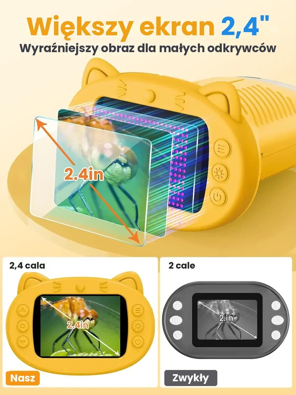Cyfrowy mikroskop dla dzieci z ekranem 2,4" – aparat, filmy, 8 diod LED, kotek