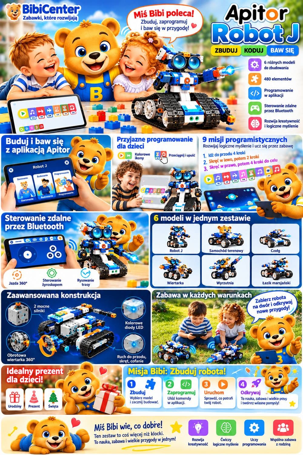 Apitor Robot J – programowalny robot 6 w 1 dla dzieci, 480 elementów, sterowanie z aplikacji