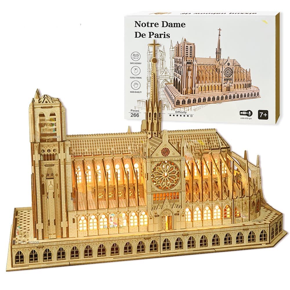 PUZZLE DREWNIANE 3D Katedra Notre-Dame z lampkami LED